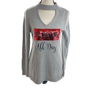 Francesca's Womens Size M Gray Christmas Sweater Flip Sequins Graphic Holiday